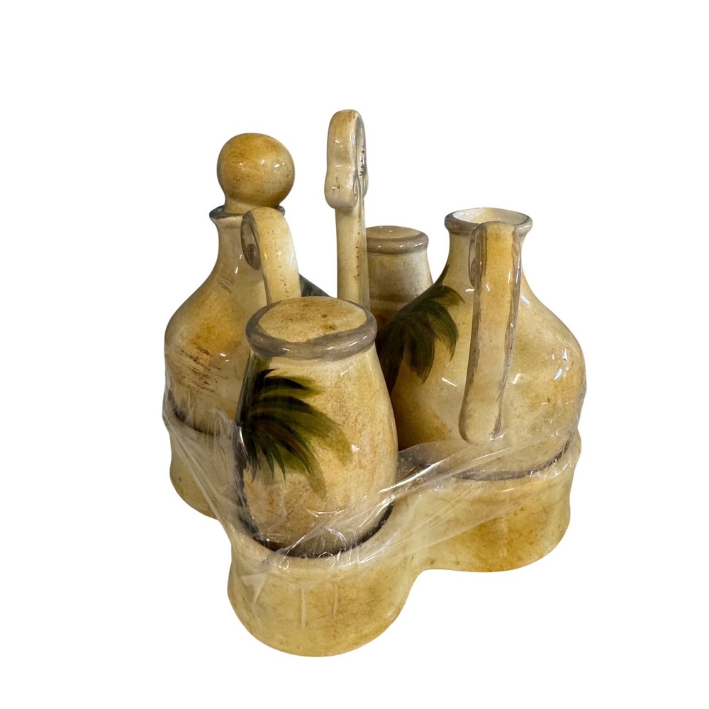 Tabletops Unlimited Bellagio Ceramic Cruet Shaker Set Hand Painted Palm Tree 5pc